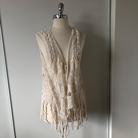 Crochet Fringe Open Vest Womens Sleeveless Boho Style Medium Cream Stem & Vine - Picture 1 of 5